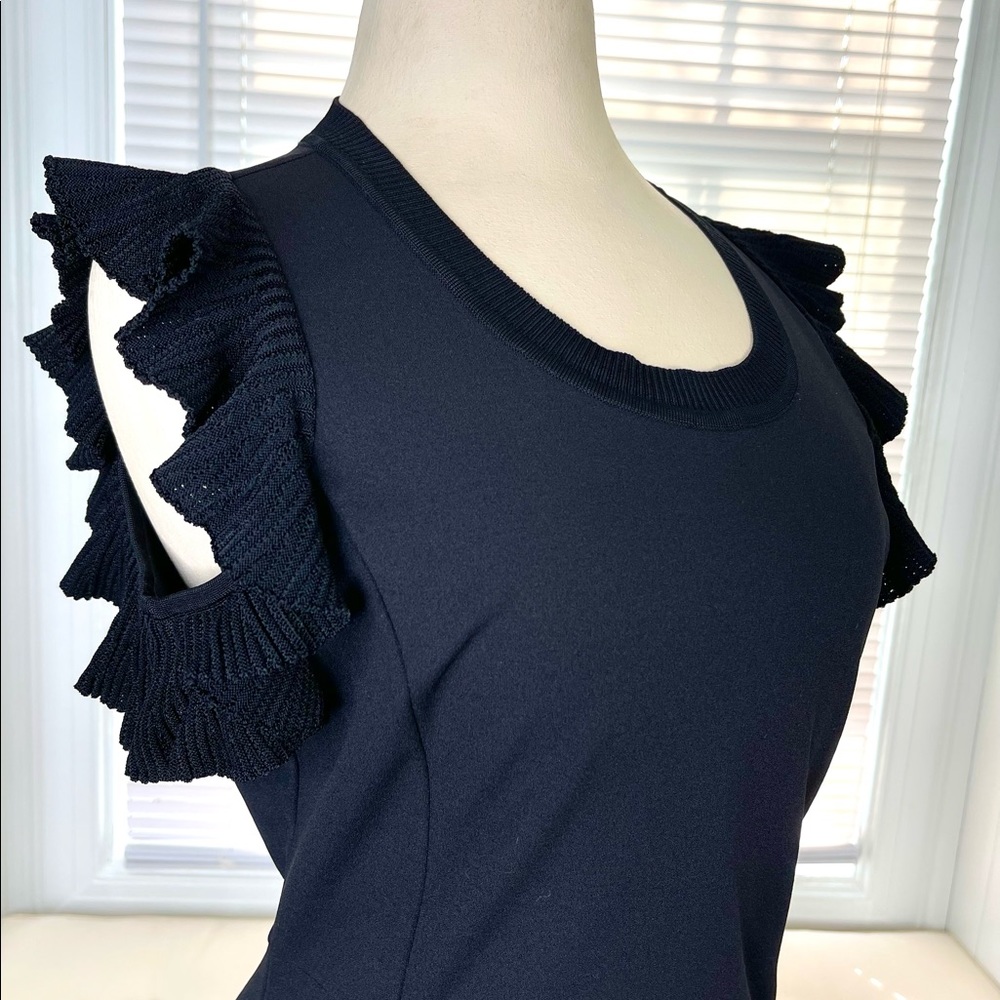 Michael Michael Kors Sheath Black Dress with Flouncy Arm Details.